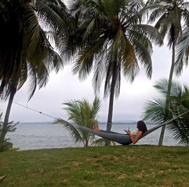 A woman is relaxing in a hammock strung between palm trees, overlooking a body of water. The sky is overcast, and the surrounding area is lush with green vegetation. The scene evokes a sense of tranquility and relaxation in a tropical setting. The woman appears to be enjoying a peaceful moment in nature.